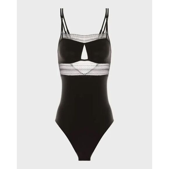 Simone Perele Tops - SIMONE PERELE NWT Pia Lace-Trim Cutout Bodysuit Black SZ 2 DESIGNER LINGERIE